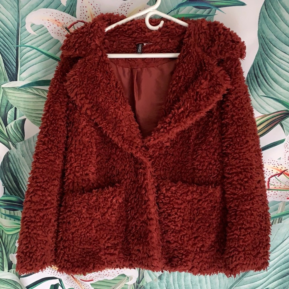 Dark Red Fuzzy Teddy Bear Jacket